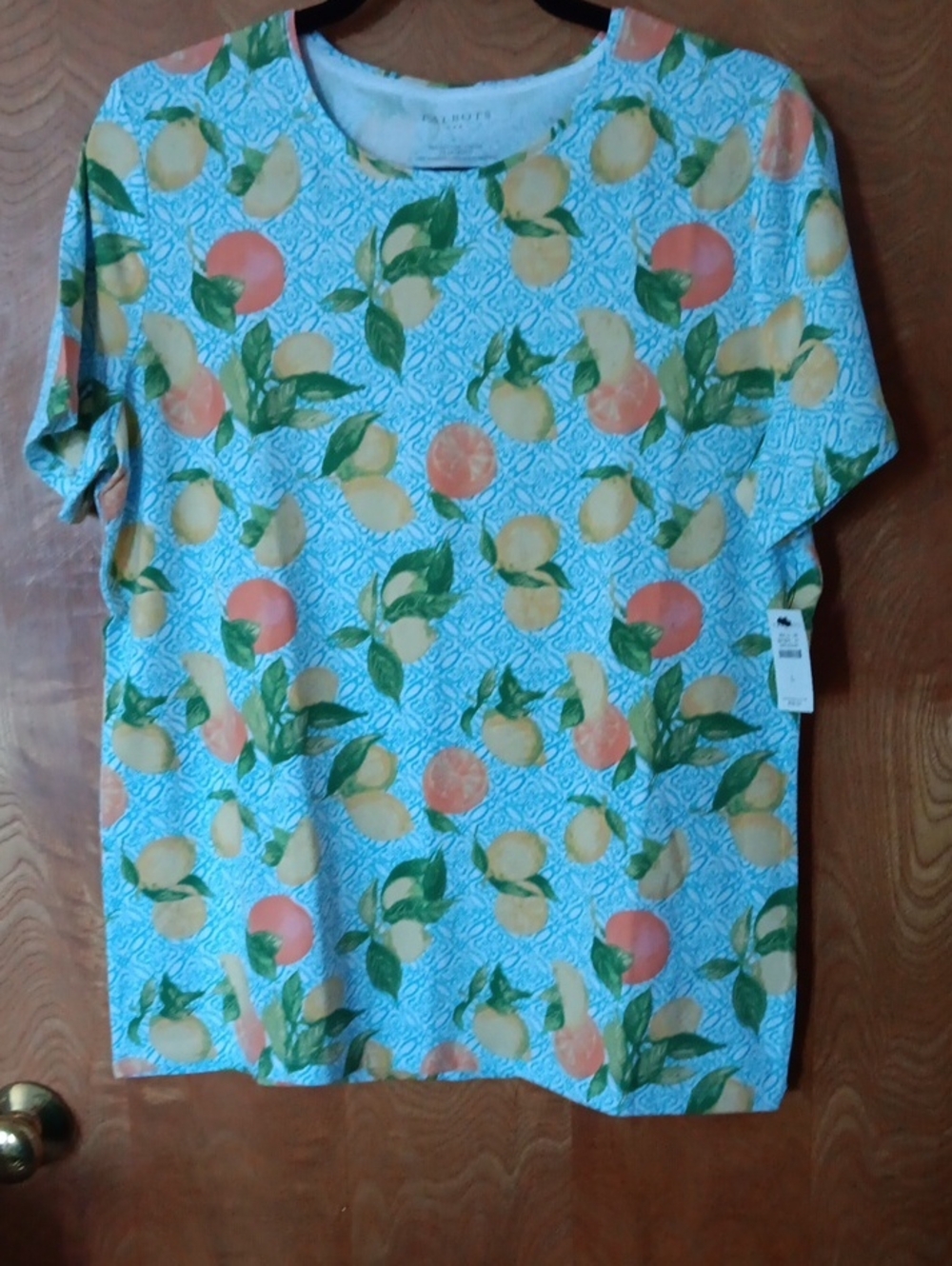 Talbots Ladies Citrus Tee in Light Blue with Green and Peach Accents